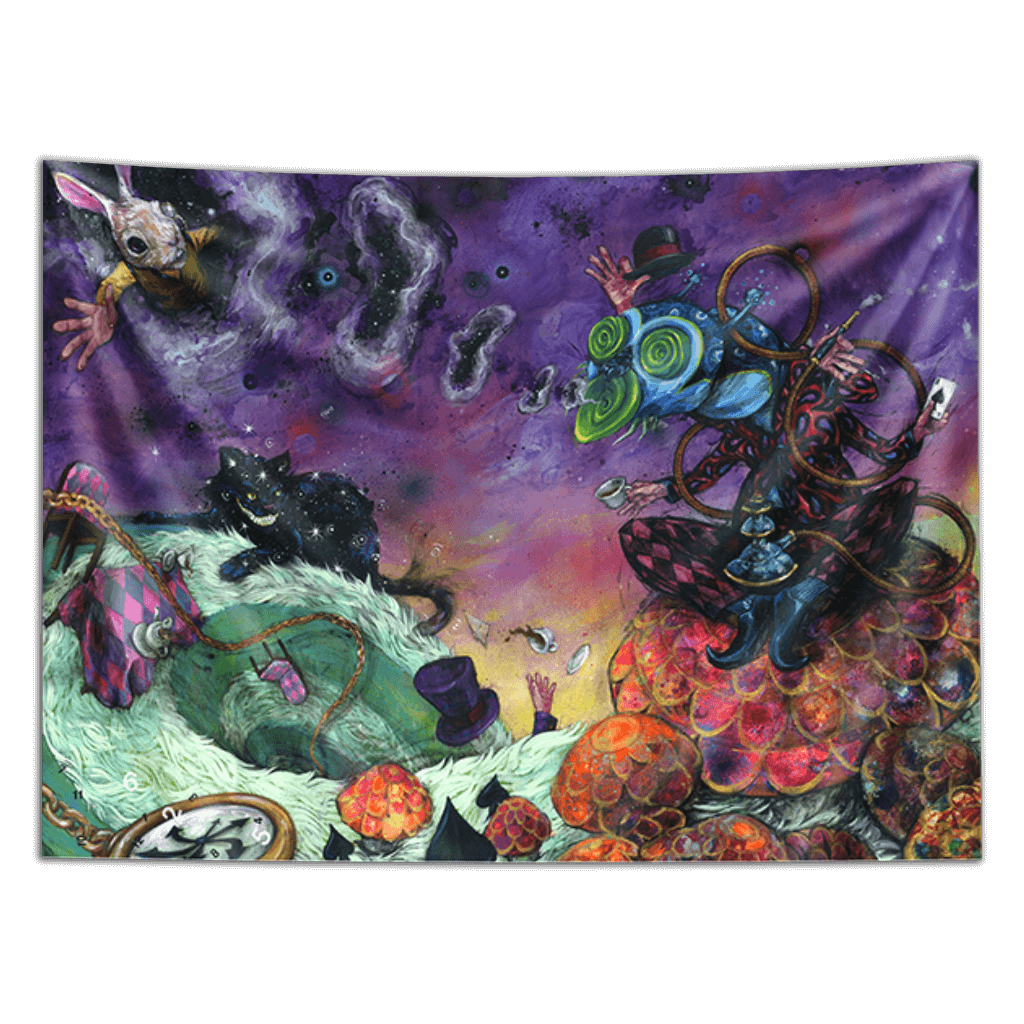 Visionary Artist Black Ink Art Alice in Wonderland Trippy Tapestry by Third Eye Tapestries
