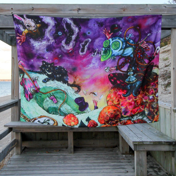 Visionary Artist Black Ink Art Alice in Wonderland Trippy Tapestry by Third Eye Tapestries